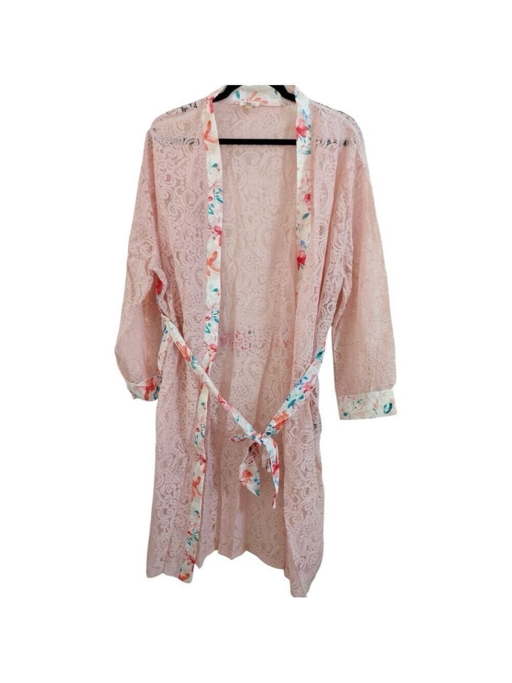 POL Clothing Floral Trim Lace Open Front Longline Cardigan Robe Size L